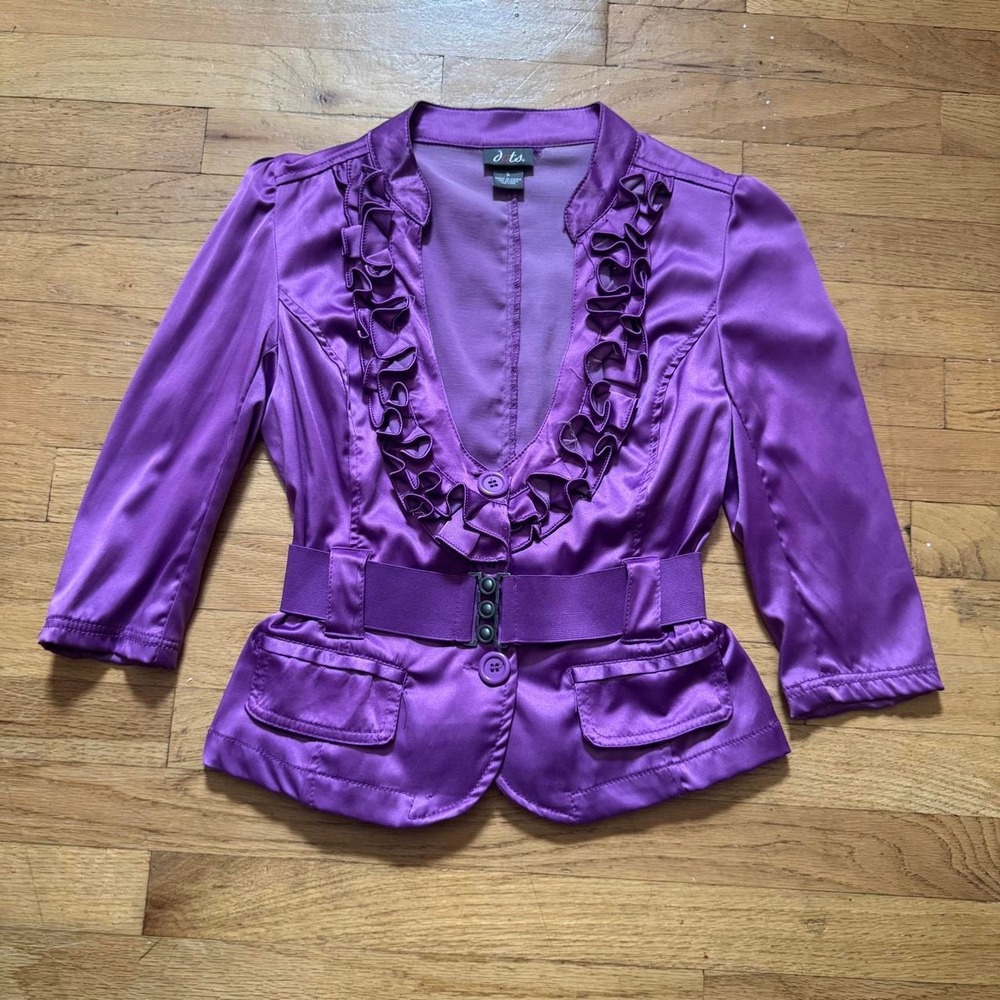 Y2K Dots Ruffle Blazer Women's Size Small Purple 2000s Cinched Belted Preppy